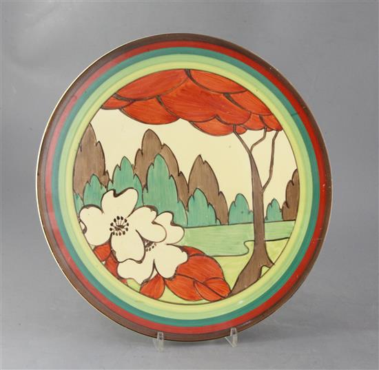 A Clarice Cliff Limberlost pattern circular wall plaque, c.1931, diameter 33.5cm